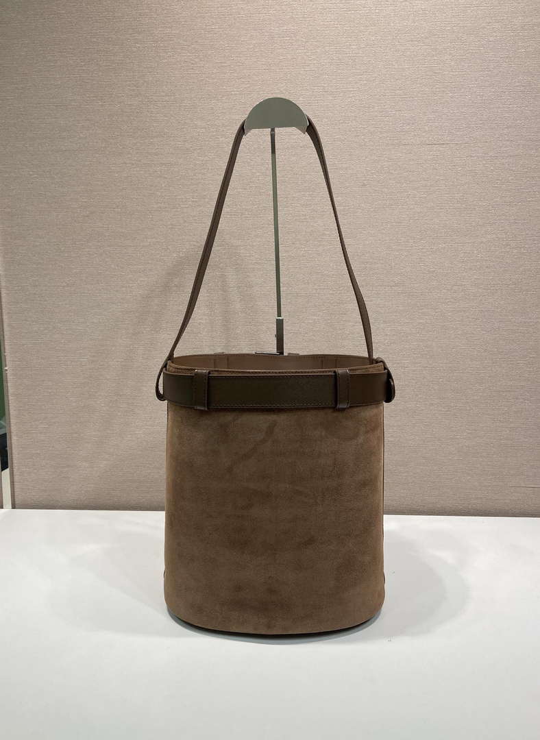 Prada 1BE085 Buckle Suede leather bucket bag with belt Dark Brown