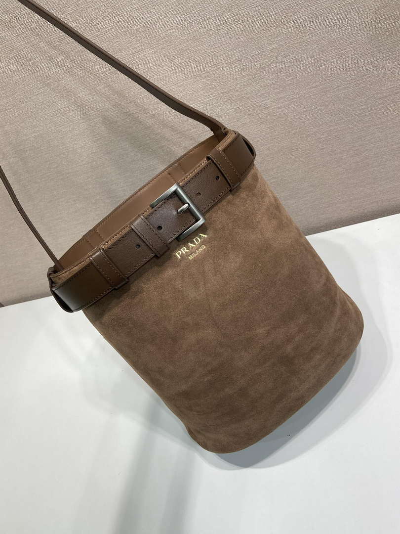 Prada 1BE085 Buckle Suede leather bucket bag with belt Dark Brown