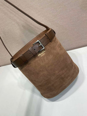 Prada 1BE085 Buckle Suede leather bucket bag with belt Dark Brown - Default Title - View 4