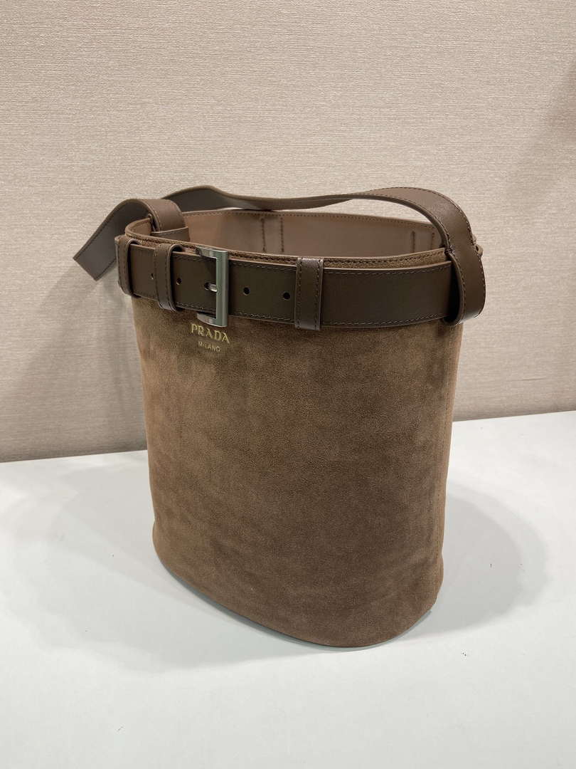 Prada 1BE085 Buckle Suede leather bucket bag with belt Dark Brown