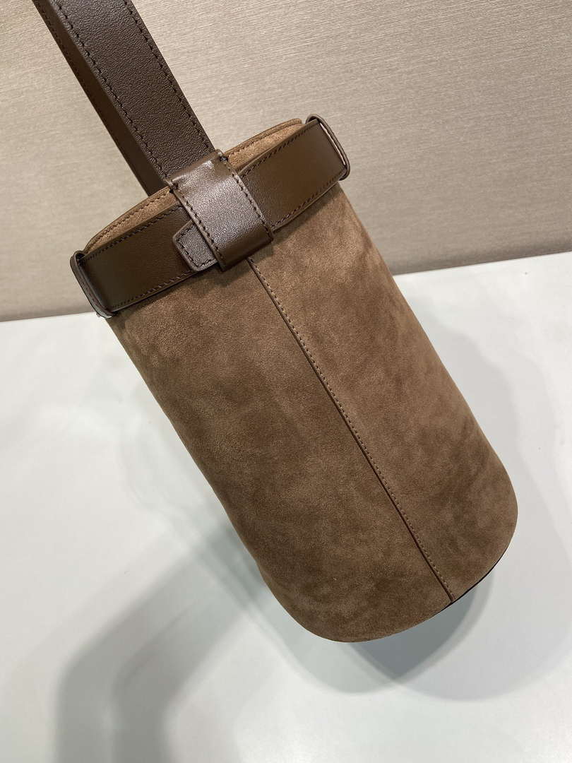 Prada 1BE085 Buckle Suede leather bucket bag with belt Dark Brown