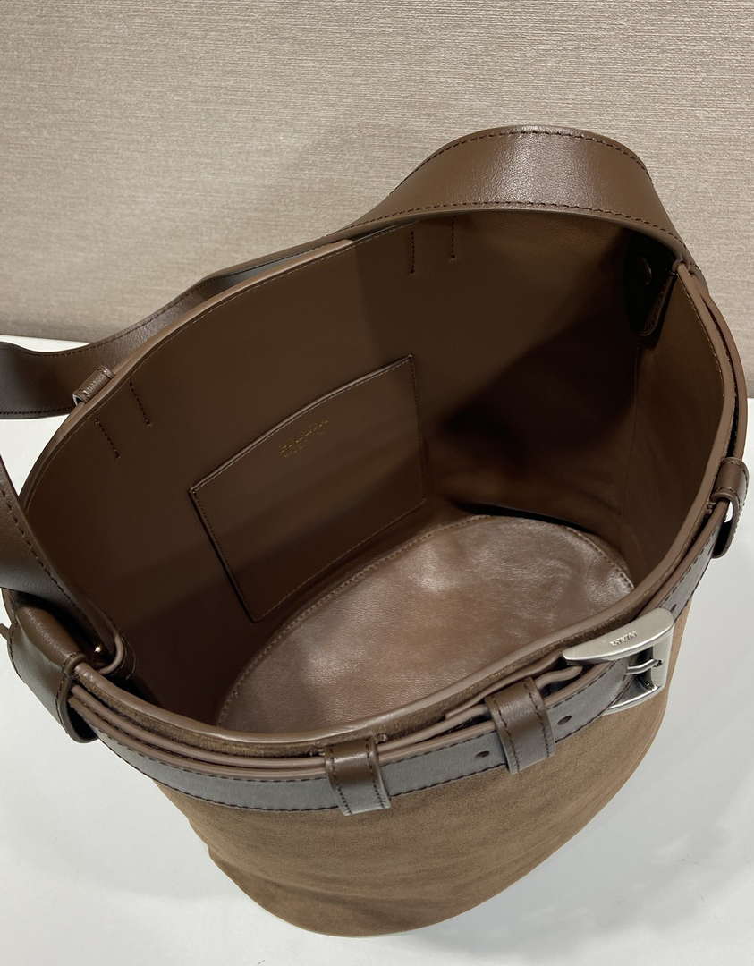 Prada 1BE085 Buckle Suede leather bucket bag with belt Dark Brown - Default Title - View 8