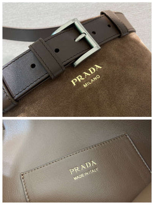 Prada 1BE085 Buckle Suede leather bucket bag with belt Dark Brown - Default Title - View 9