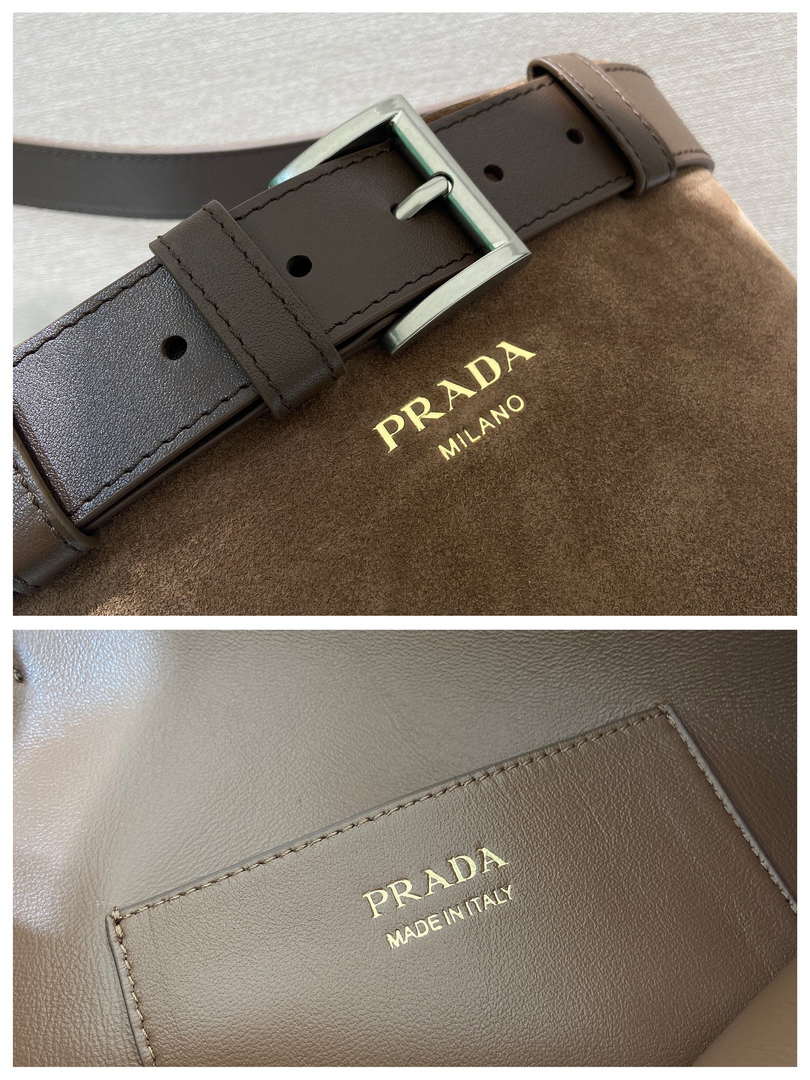 Prada 1BE085 Buckle Suede leather bucket bag with belt Dark Brown