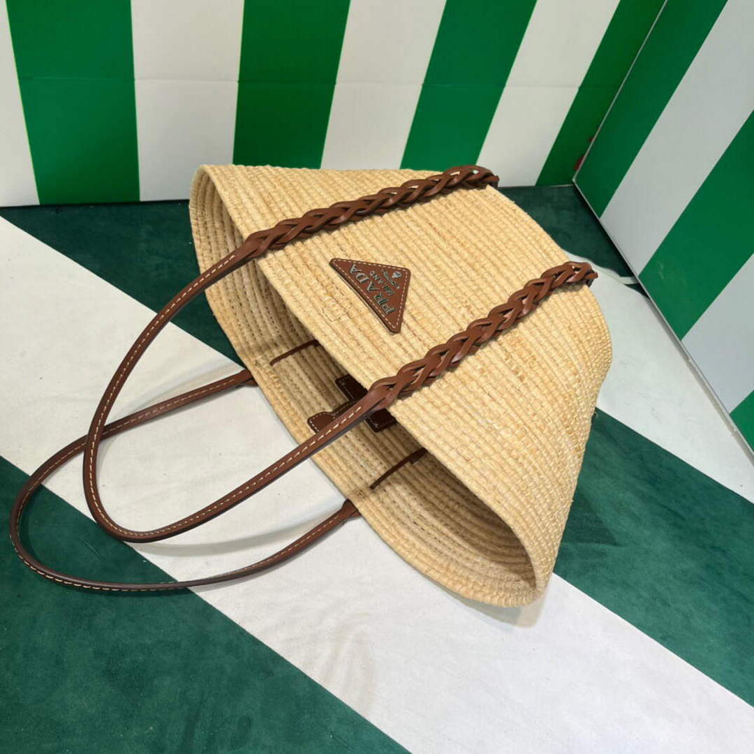 Prada 1BG312 Straw and Leather Tote Apricot