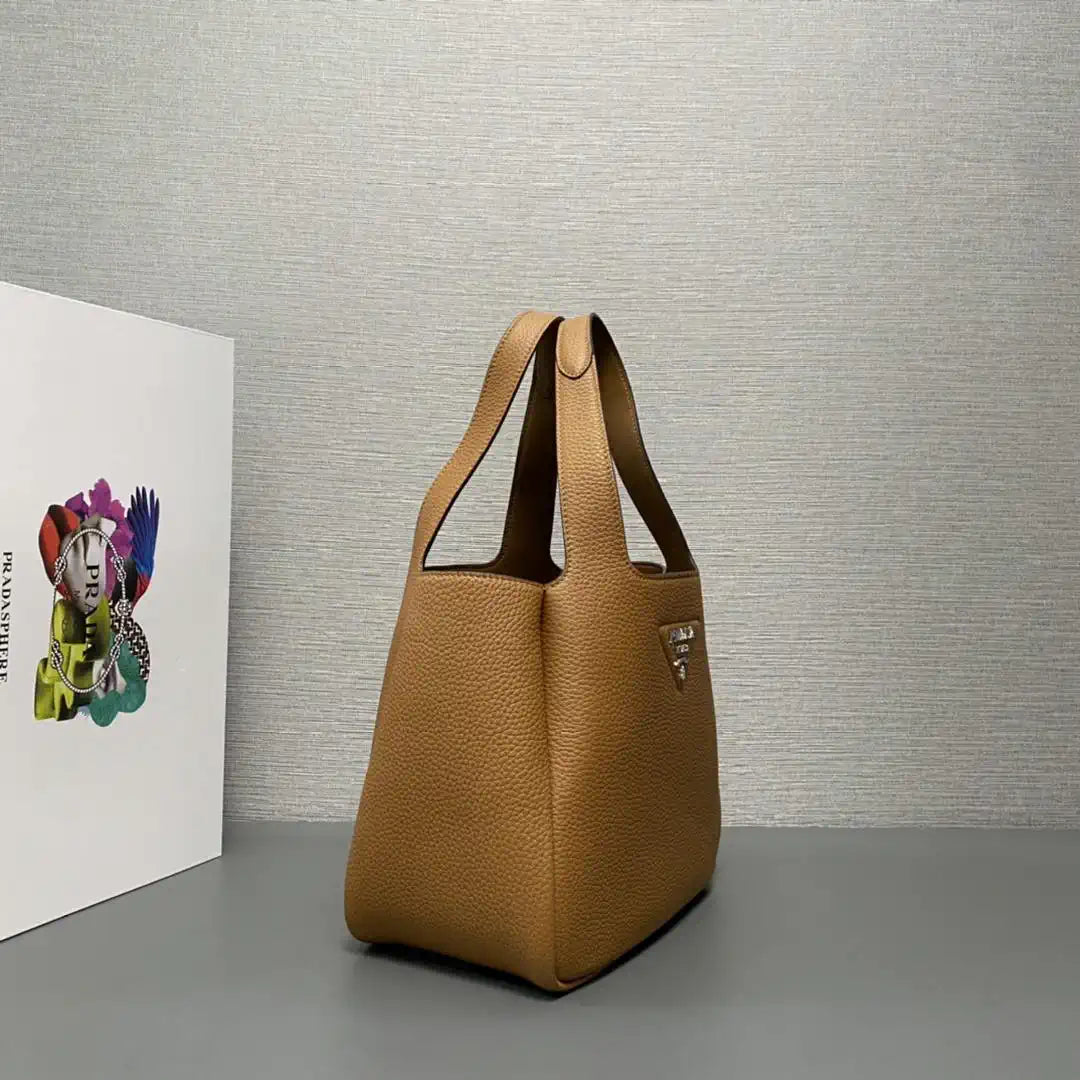 Prada 1BG335 Small leather tote bag Brown Silver