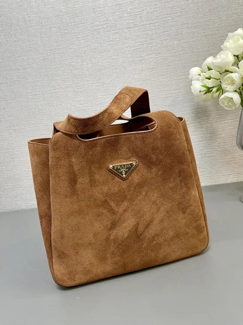 Prada 1BG335 Small suede leather tote bag Brown