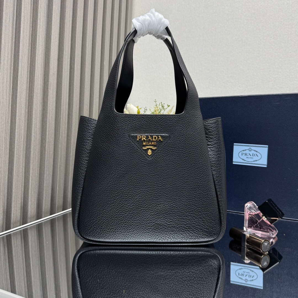 Prada 1BG335 Tote Leather Bucket Handbag Black Gold
