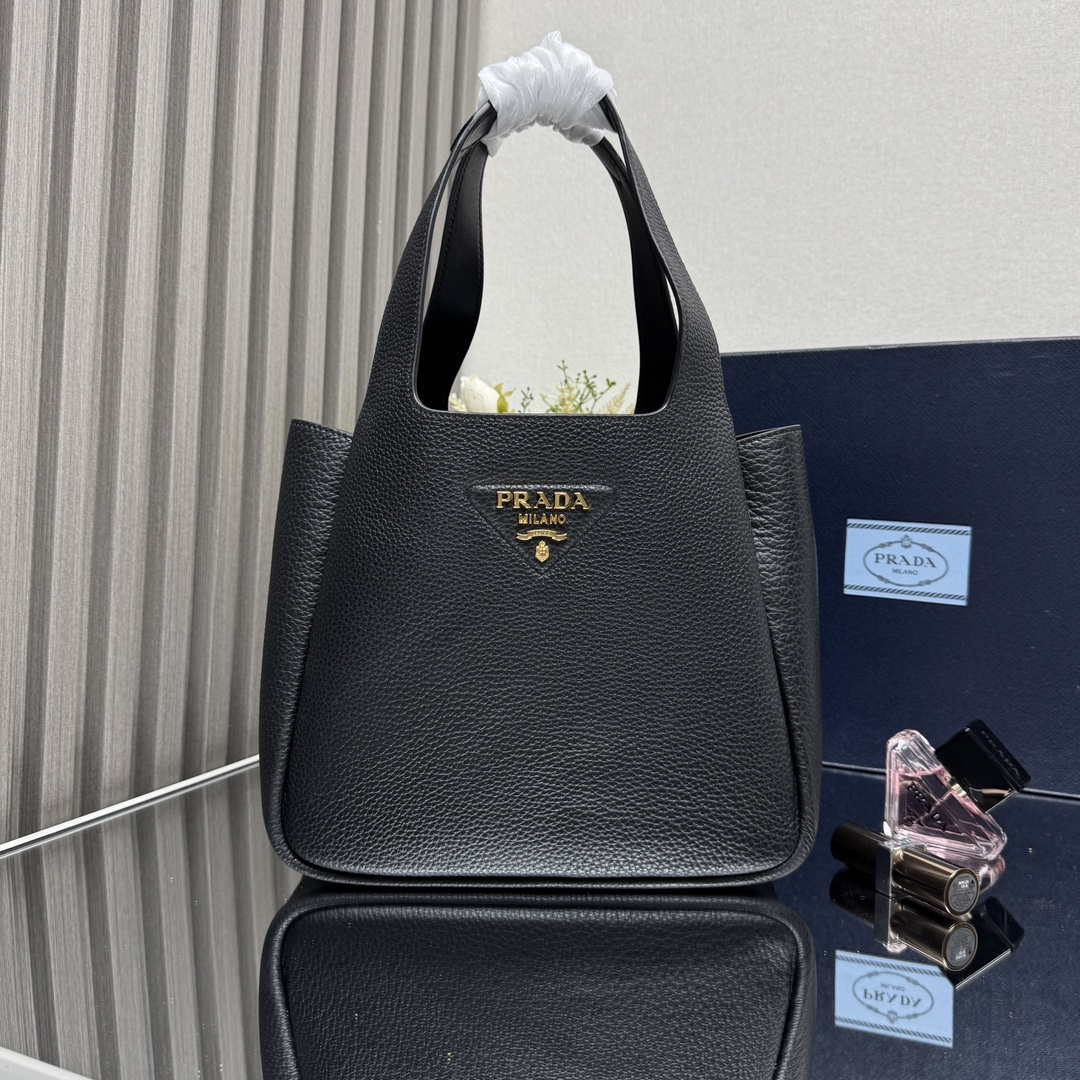 Prada 1BG335 Tote Leather Bucket Handbag Black Gold