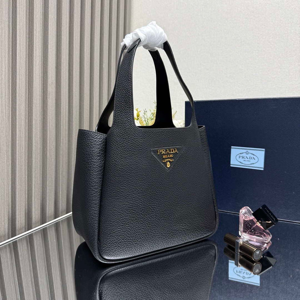Prada 1BG335 Tote Leather Bucket Handbag Black Gold