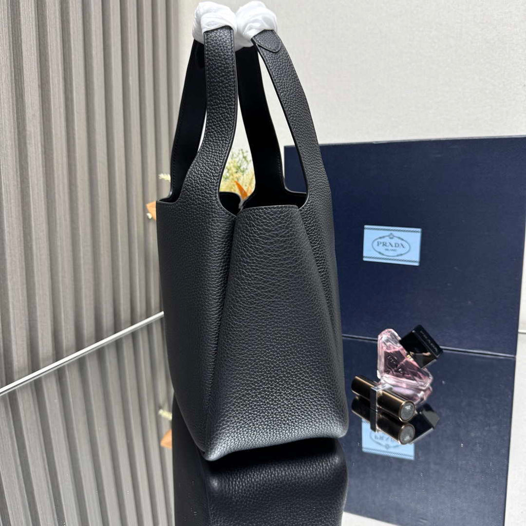 Prada 1BG335 Tote Leather Bucket Handbag Black Gold