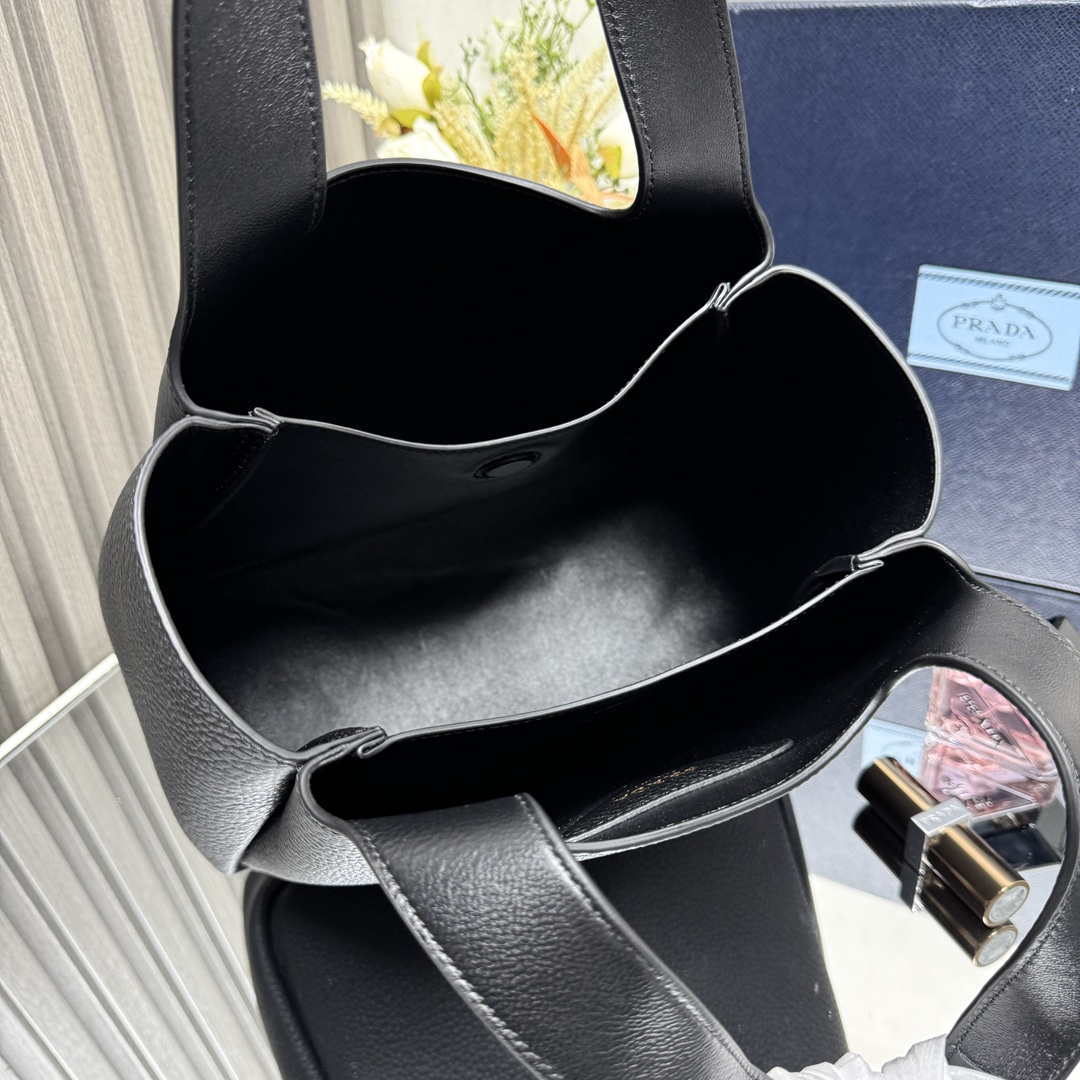 Prada 1BG335 Tote Leather Bucket Handbag Black Gold