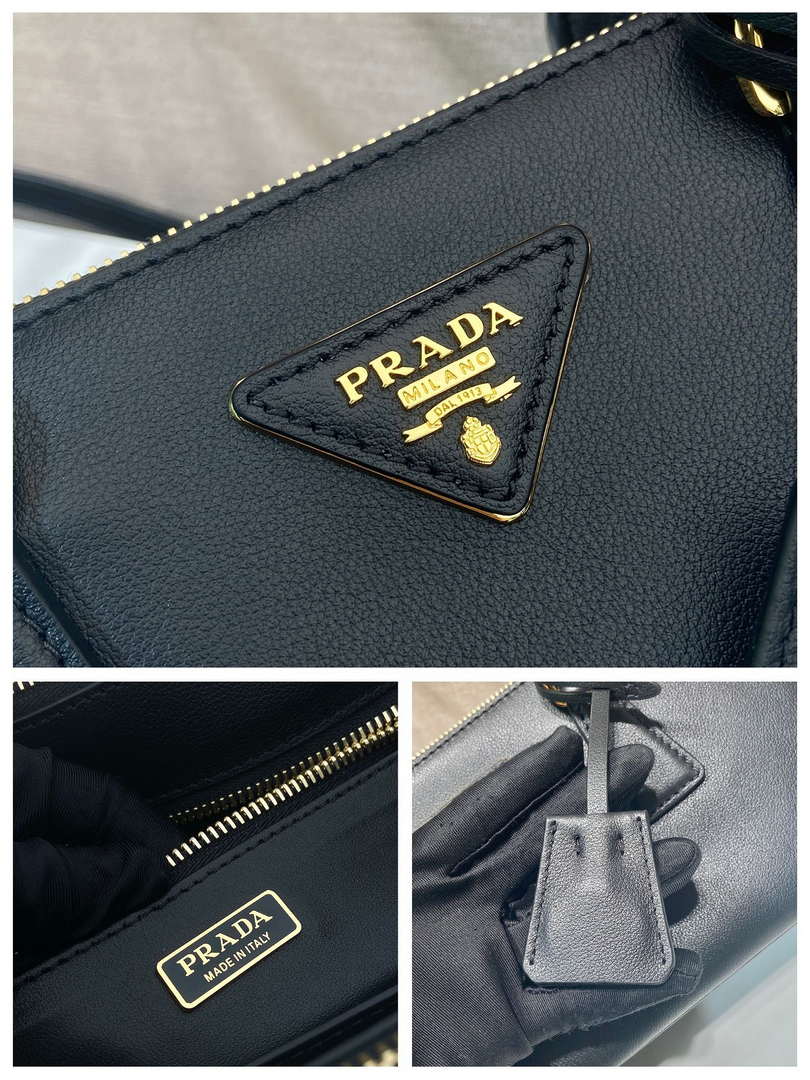 Prada 1BG335 Tote Leather Bucket Handbag Black Gold