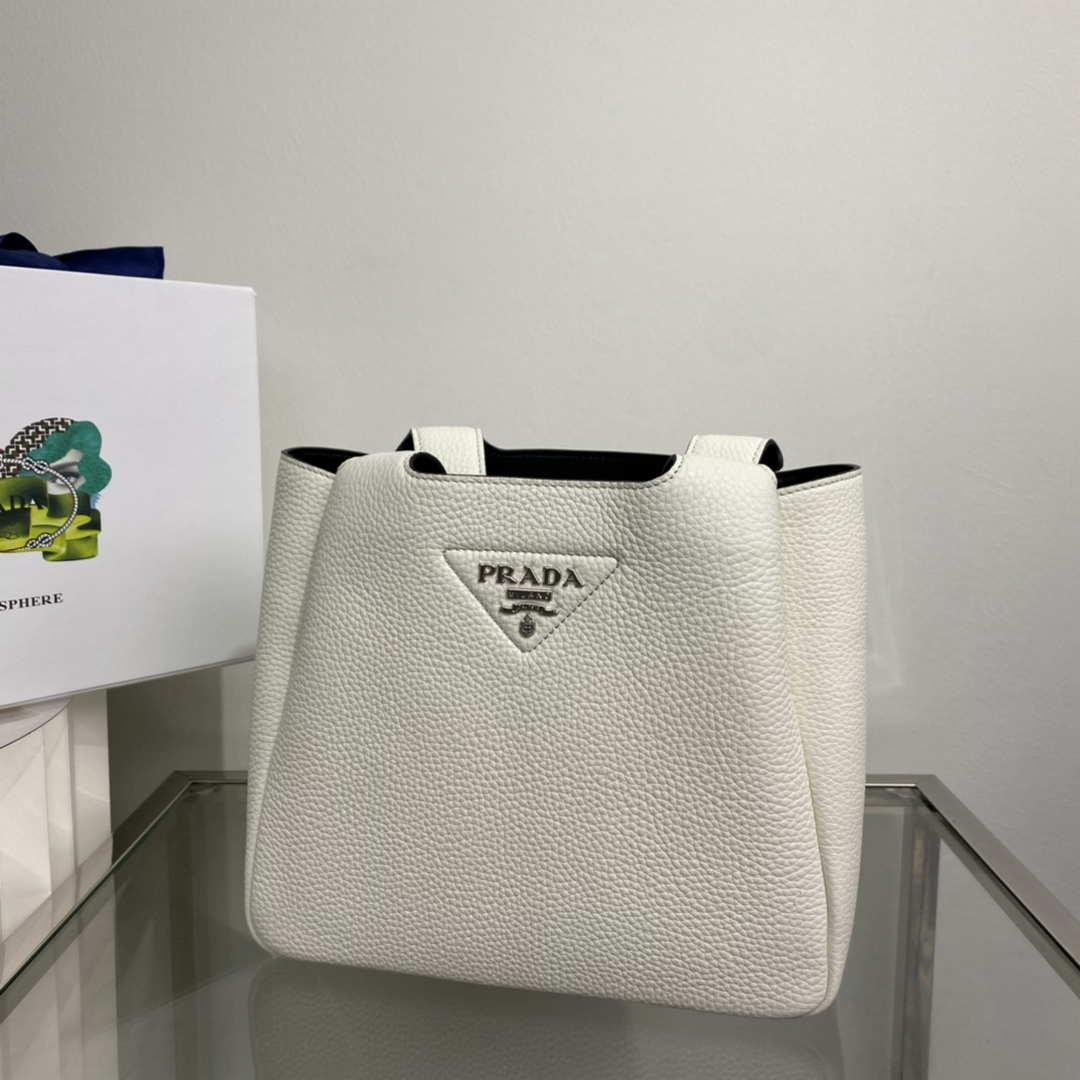 Prada 1BG335 Tote Leather Bucket Handbag White