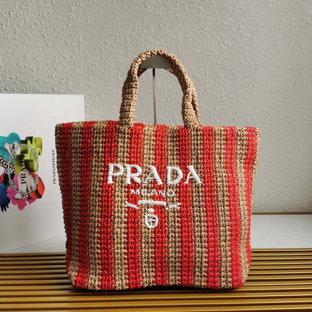 Prada 1BG392 Large Crochet tote bag Nature With Red - Default Title - View 1