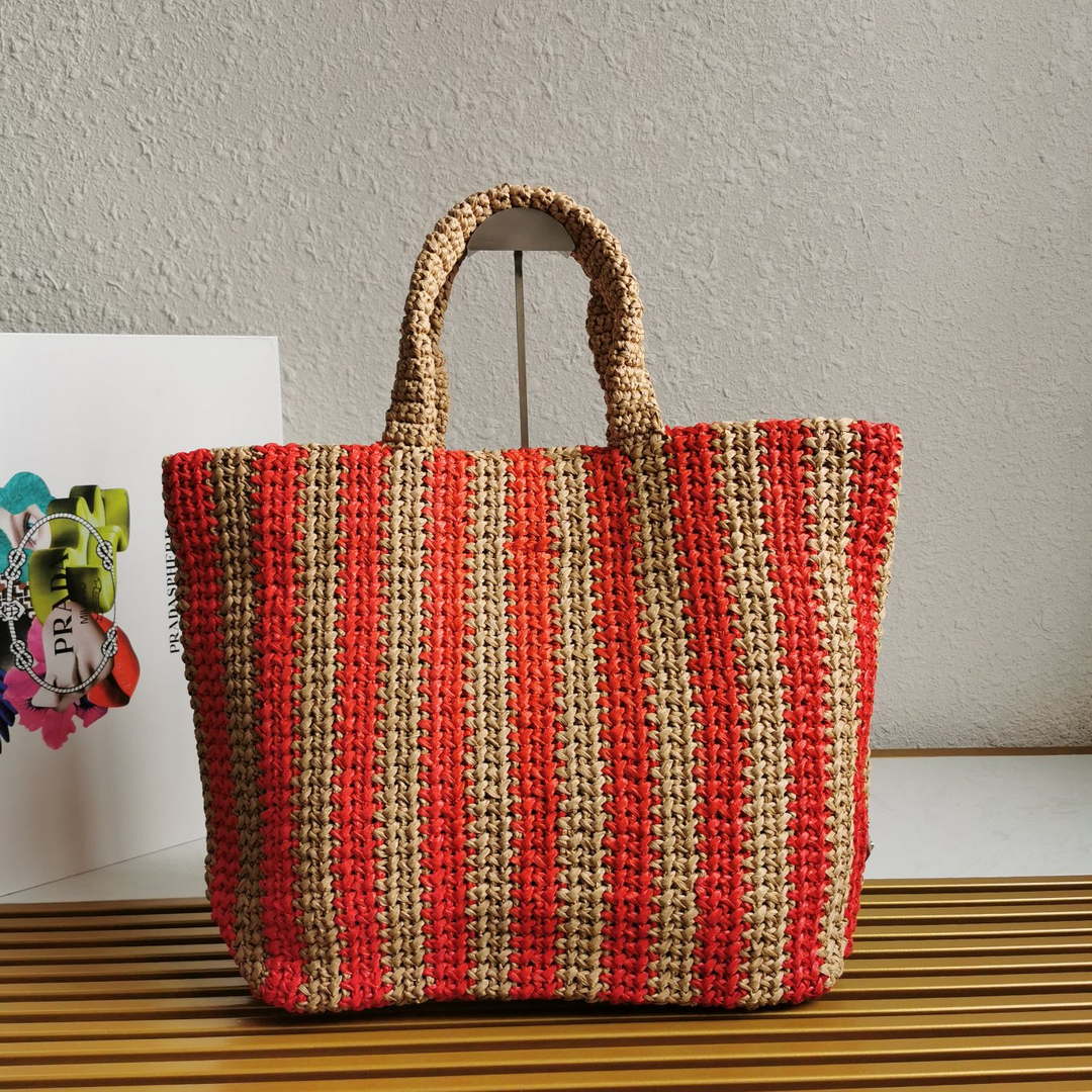 Prada 1BG392 Large Crochet tote bag Nature With Red