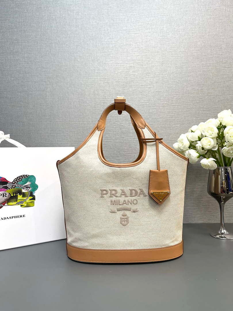 Prada 1BG471 Medium linen blend and leather tote bag Natural - Default Title - View 1