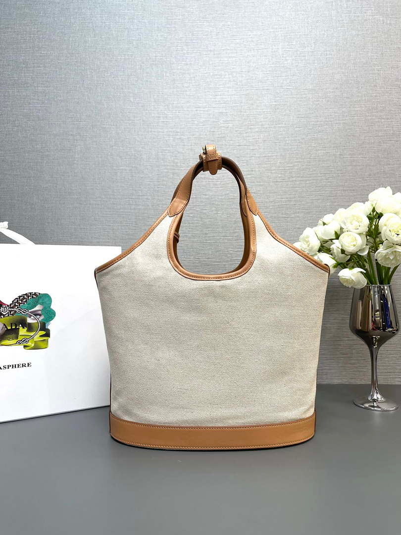 Prada 1BG471 Medium linen blend and leather tote bag Natural