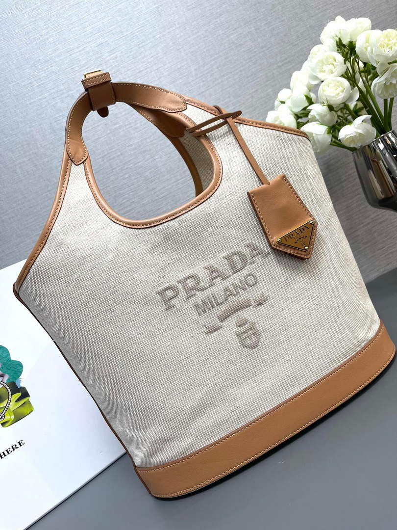 Prada 1BG471 Medium linen blend and leather tote bag Natural - Default Title - View 5