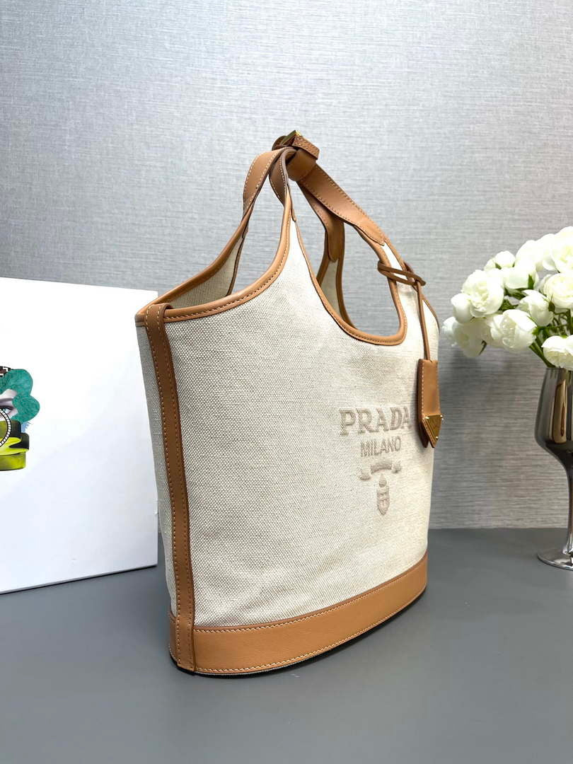 Prada 1BG471 Medium linen blend and leather tote bag Natural