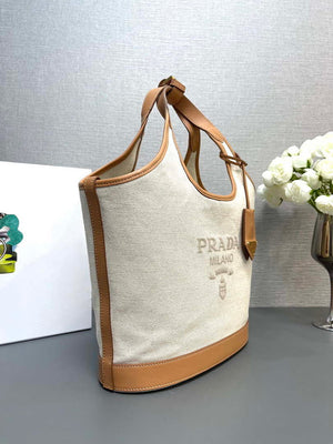 Prada 1BG471 Medium linen blend and leather tote bag Natural - Default Title - View 6