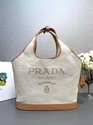 Prada 1BG472 Large linen blend and leather tote bag Natural - Default Title - View 1
