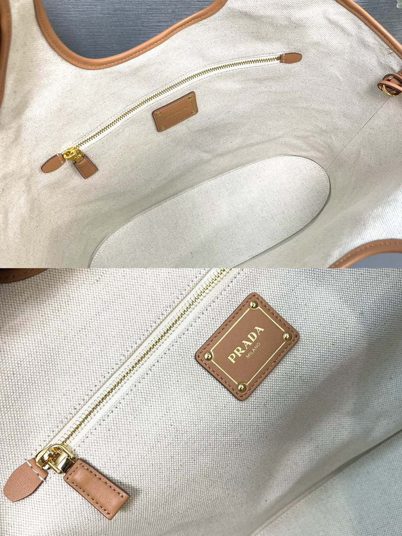 Prada 1BG472 Large linen blend and leather tote bag Natural