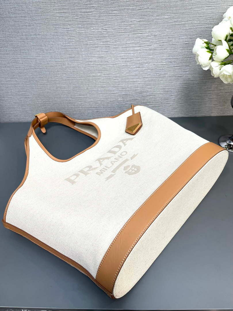 Prada 1BG472 Large linen blend and leather tote bag Natural