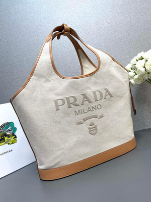 Prada 1BG472 Large linen blend and leather tote bag Natural - Default Title - View 7