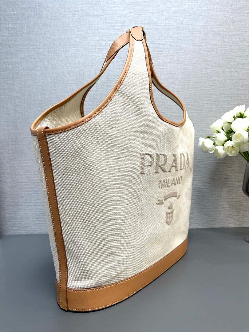 Prada 1BG472 Large linen blend and leather tote bag Natural