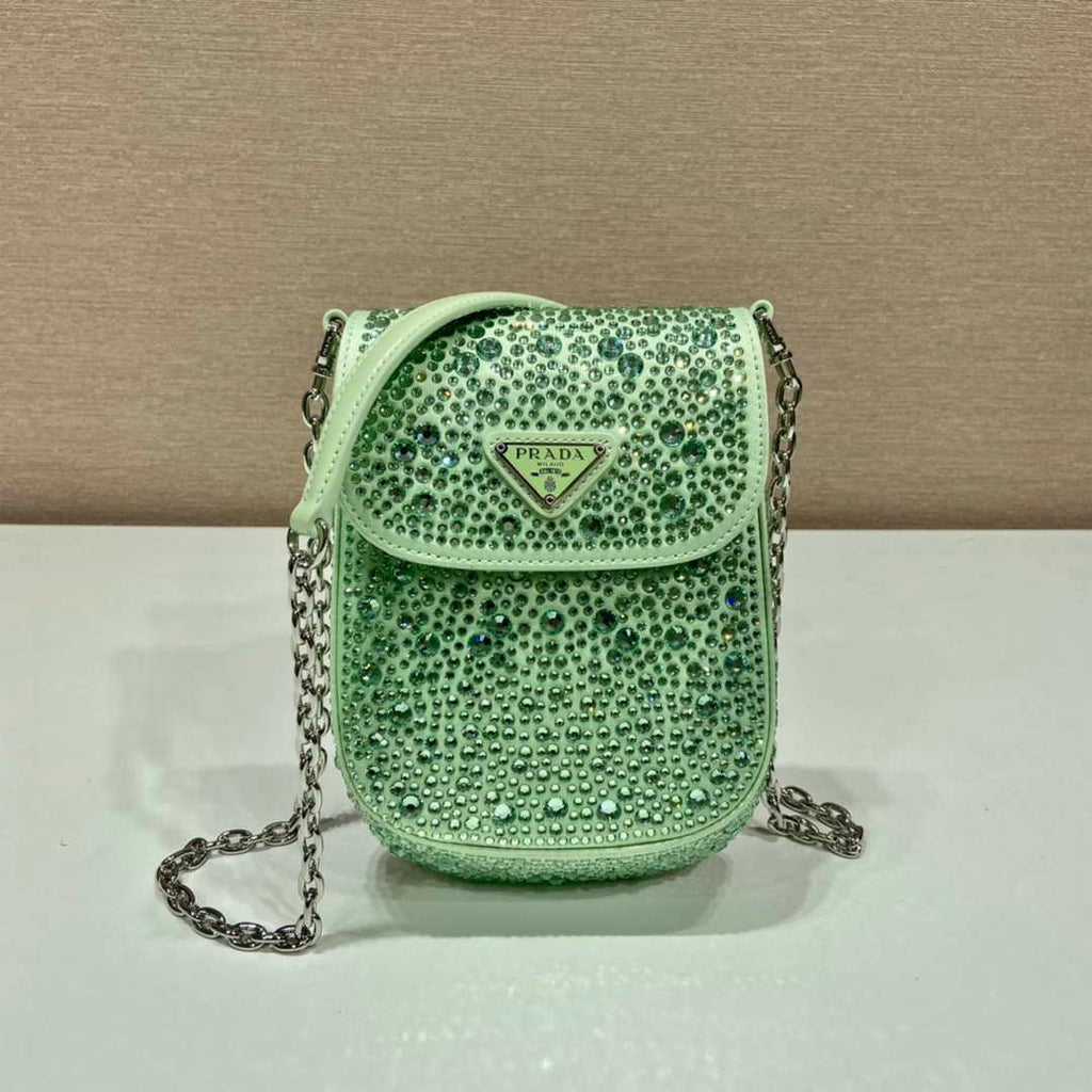 Prada 1BH185 Mini Cleo satin bag with crystals Green