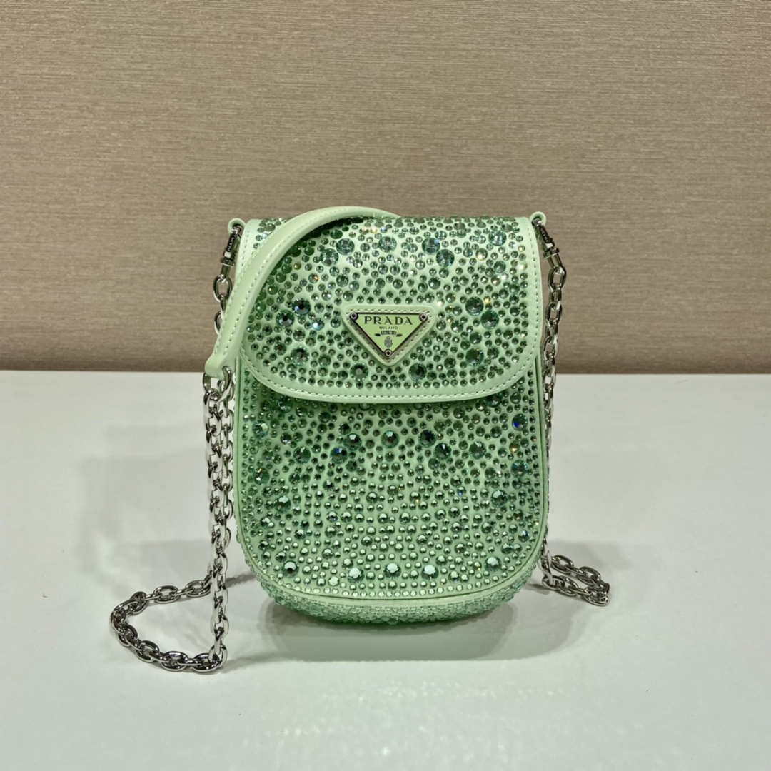 Prada 1BH185 Mini Cleo satin bag with crystals Green