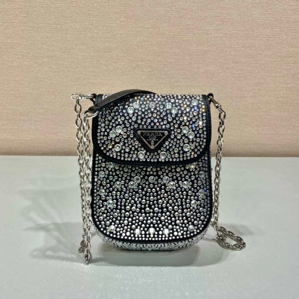 Prada 1BH185 Mini Cleo satin bag with crystals Black