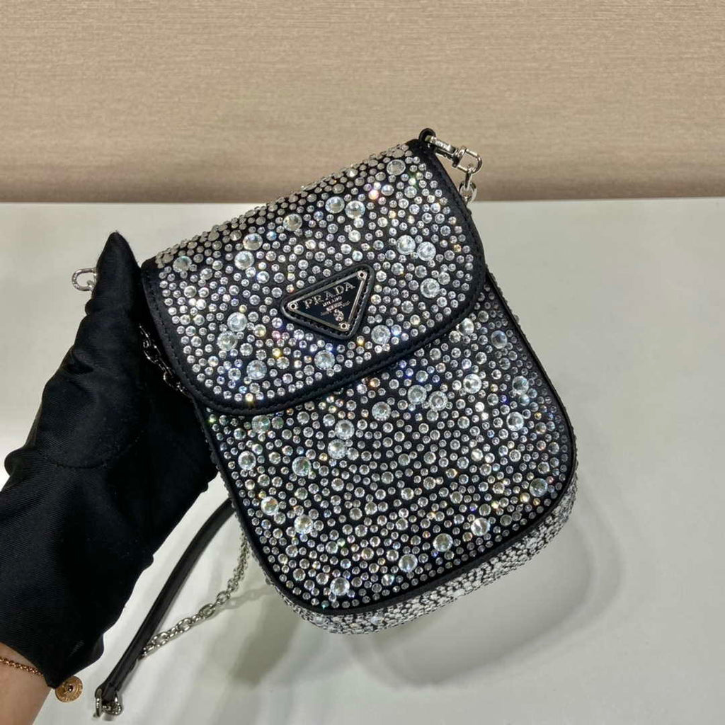Prada 1BH185 Mini Cleo satin bag with crystals Black