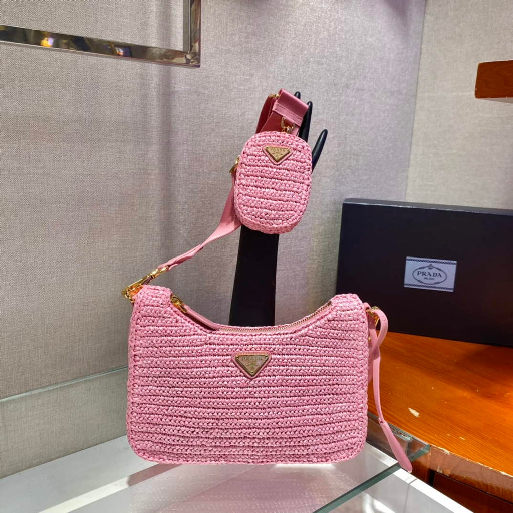 Prada 1BH204 Prada Re-Edition 2005 Raffia  Bag in Pink
