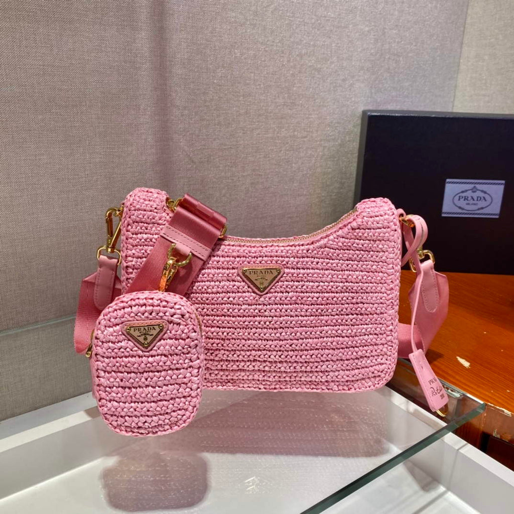 Prada 1BH204 Prada Re-Edition 2005 Raffia  Bag in Pink