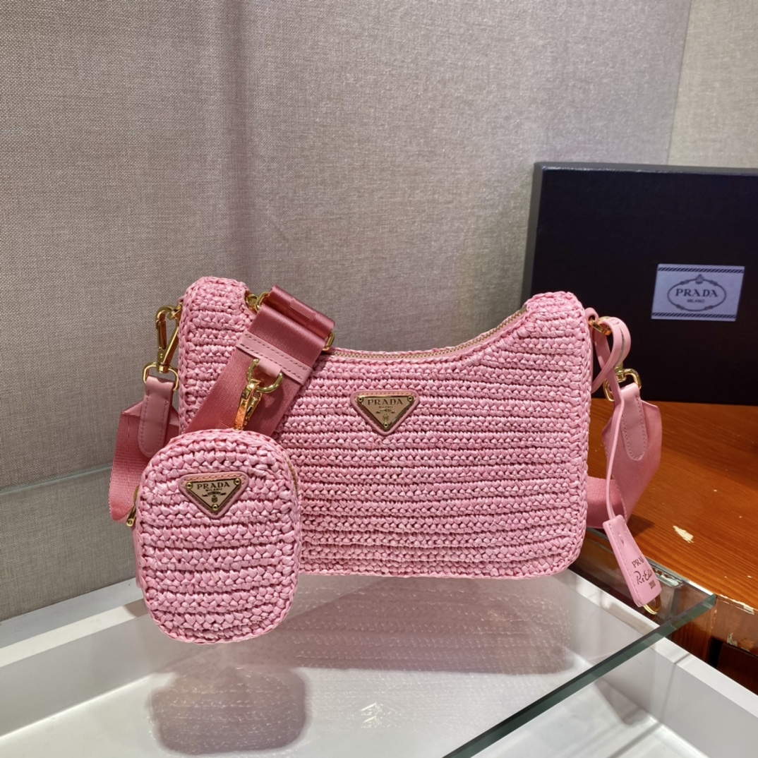 Prada 1BH204 Prada Re-Edition 2005 Raffia  Bag in Pink - Default Title - View 2