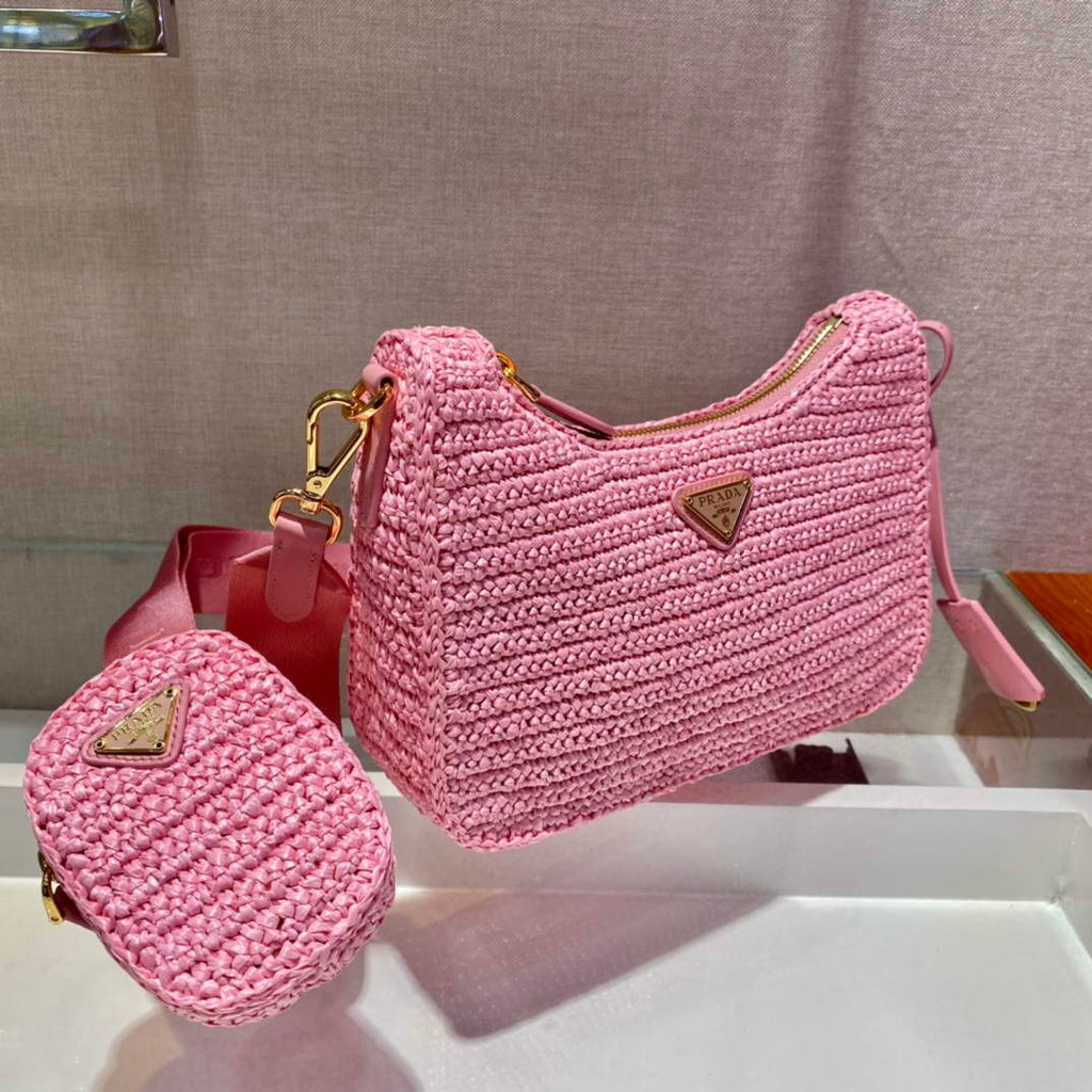 Prada 1BH204 Prada Re-Edition 2005 Raffia  Bag in Pink