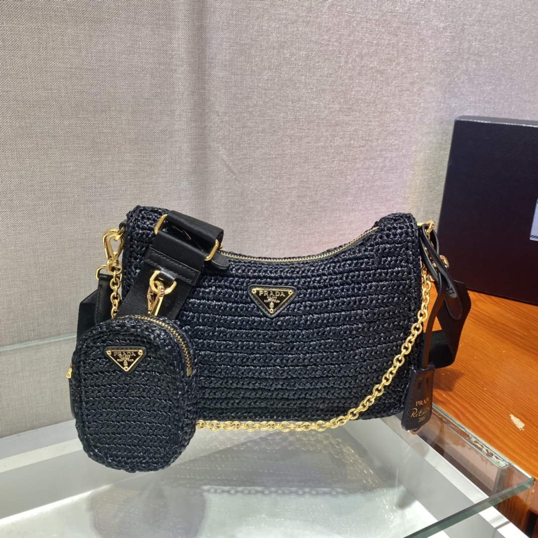 Prada 1BH204 Prada Re-Edition 2005 Raffia  Bag in Black