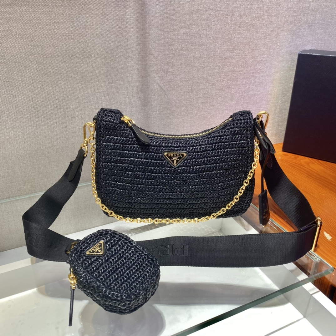 Prada 1BH204 Prada Re-Edition 2005 Raffia  Bag in Black