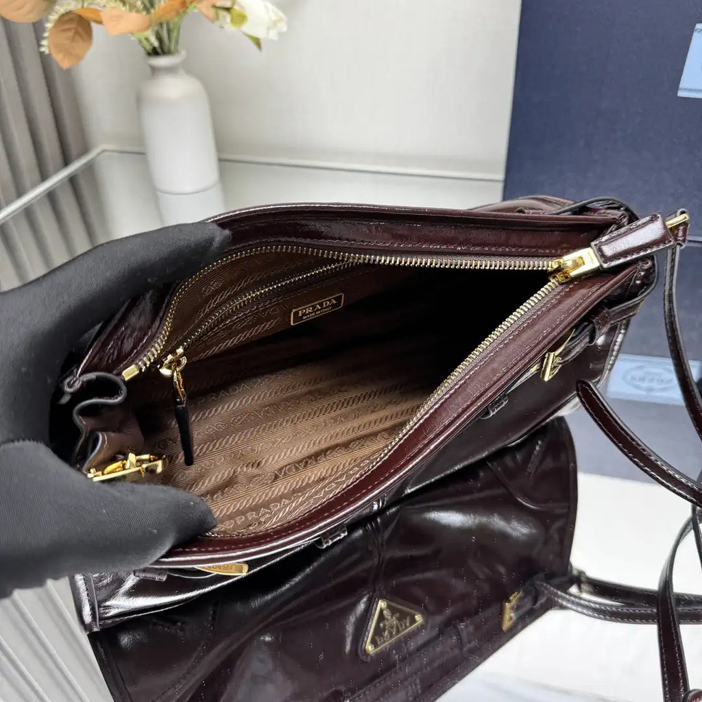 Prada 1BH215 LusSolf leather shoulder bag Dark Brown