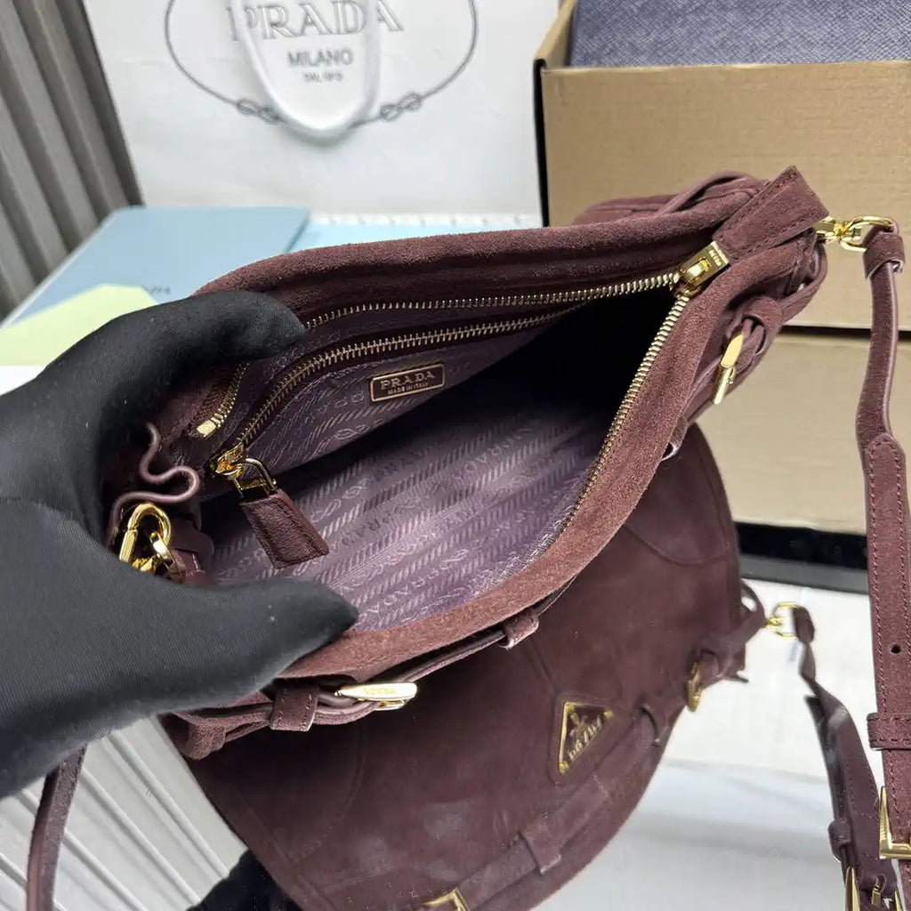 Prada 1BH215 Prada Bonnie small suede shoulder bag Purple Red