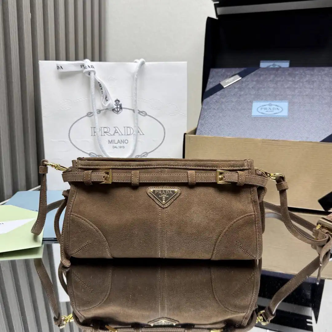 Prada 1BH215 Prada Bonnie small suede shoulder bag Cocoa Brown