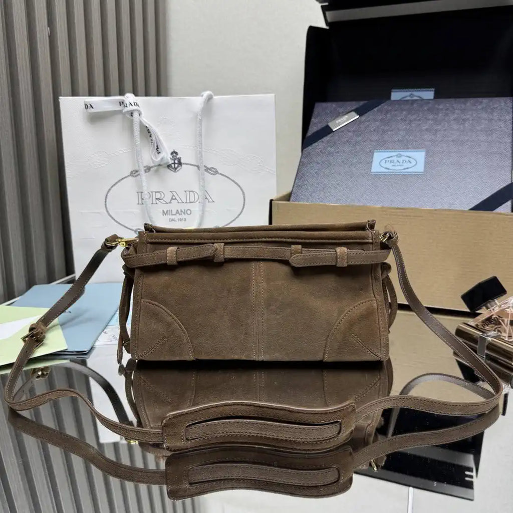 Prada 1BH215 Prada Bonnie small suede shoulder bag Cocoa Brown