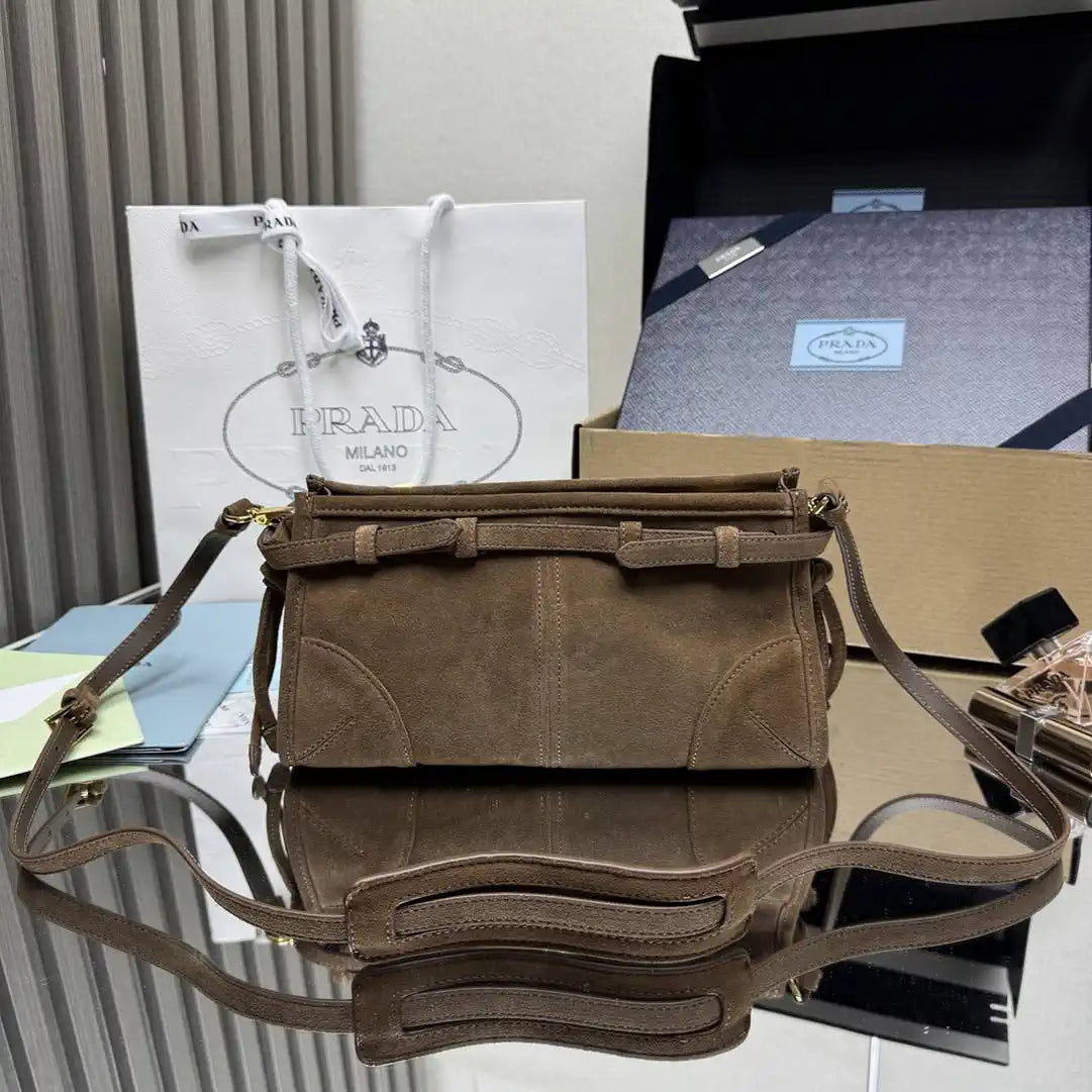 Prada 1BH215 Prada Bonnie small suede shoulder bag Cocoa Brown