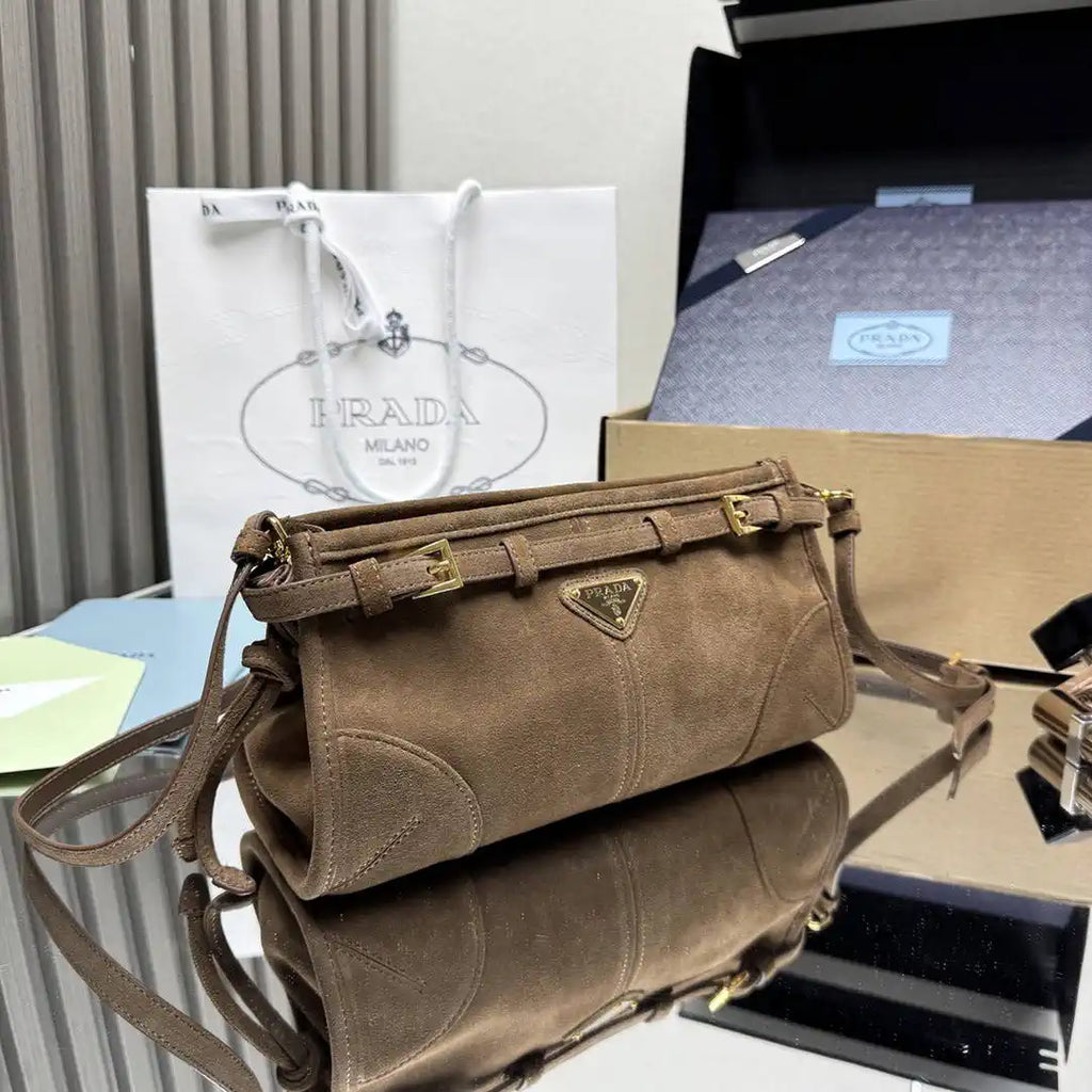 Prada 1BH215 Prada Bonnie small suede shoulder bag Cocoa Brown