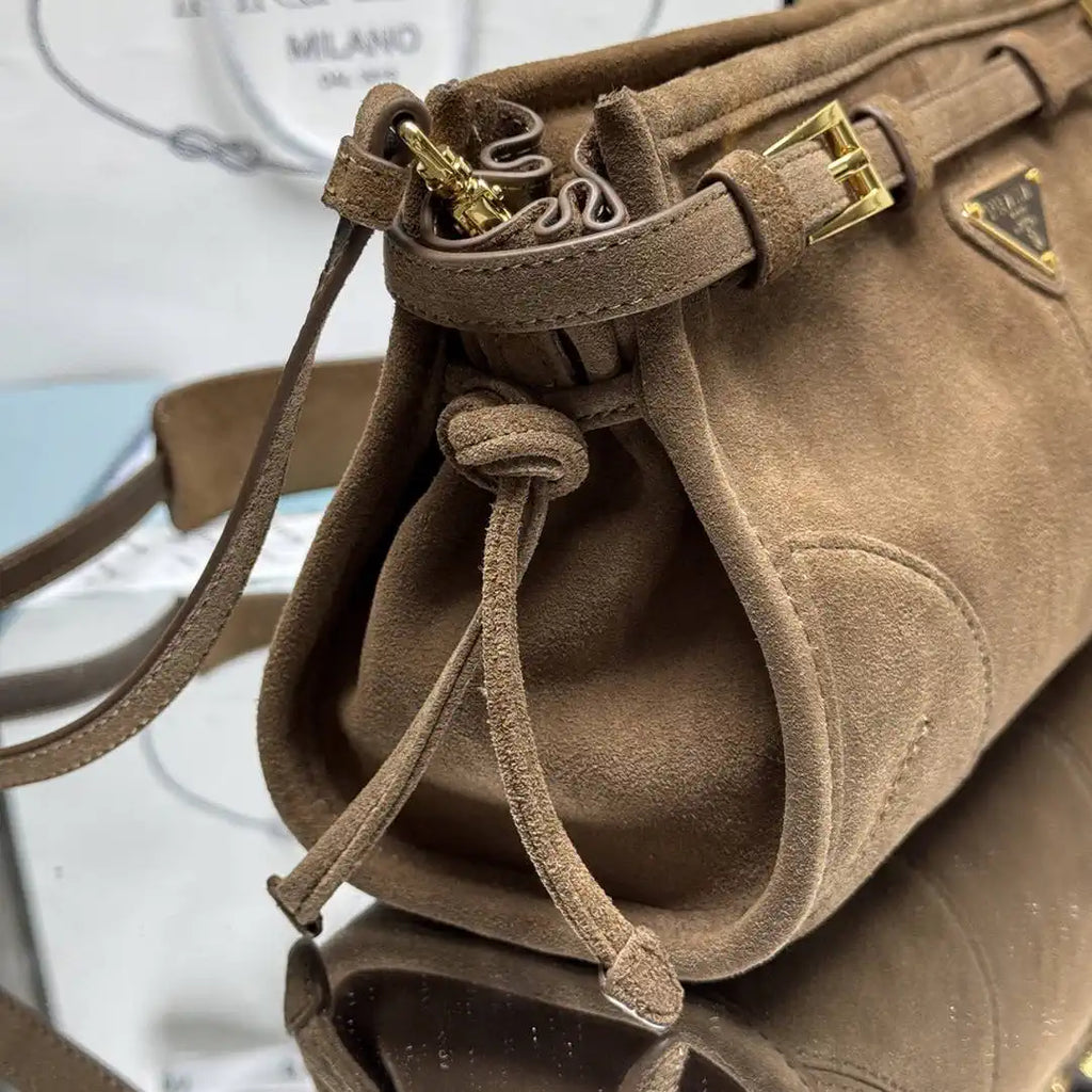 Prada 1BH215 Prada Bonnie small suede shoulder bag Cocoa Brown