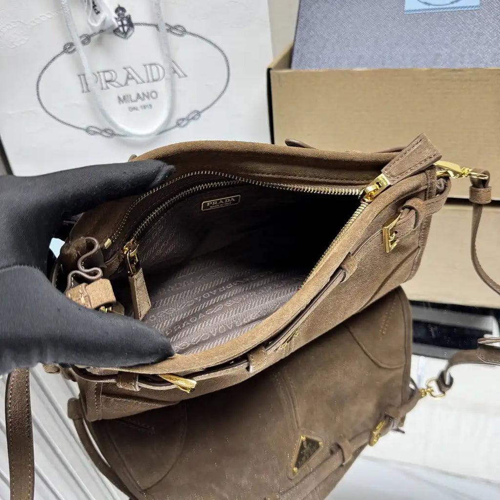 Prada 1BH215 Prada Bonnie small suede shoulder bag Cocoa Brown