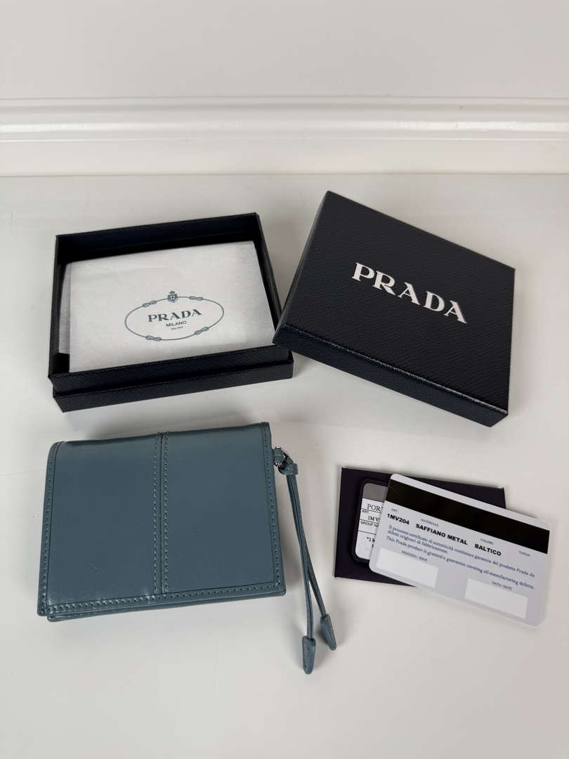 Prada 1MV204 Small shiny Leather Wallet light Blue