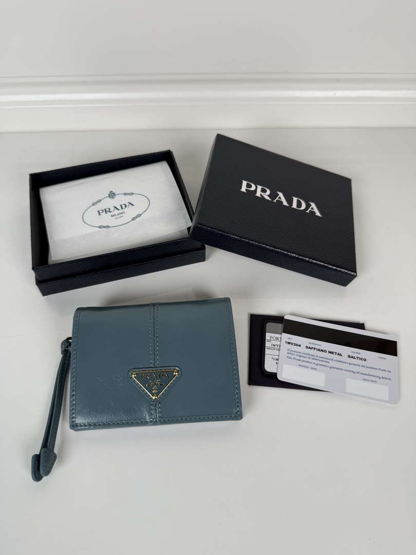 Prada 1MV204 Small shiny Leather Wallet light Blue
